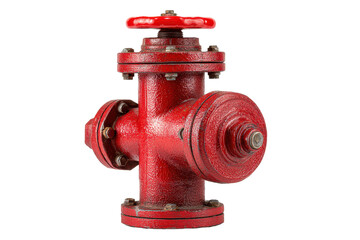 Fototapeta premium Red fire hydrant valve assembly industrial pipe fitting with flanged connectors, rugged cast-metal texture, bolts, and heavy-duty mechanical detailing isolated on transparent background. 