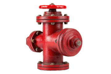 Red fire hydrant valve assembly industrial pipe fitting with flanged connectors, rugged cast-metal texture, bolts, and heavy-duty mechanical detailing isolated on transparent background.

