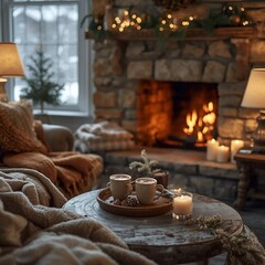 Warm and Cozy Living Room with a Roaring Stone Fireplace
