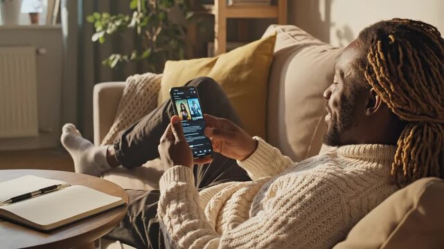 Man using smartphone on couch