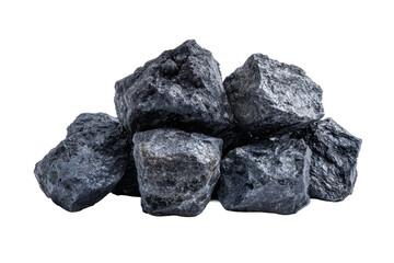 Fototapeta premium Pile of dark coal rock chunks with jagged edges, dusty rough texture, and natural fractured surfaces isolated on transparent background. 