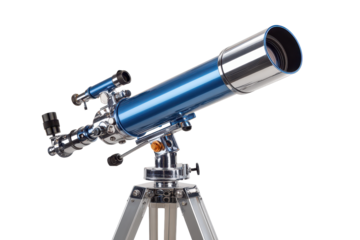 Telescope mounted on a sturdy tripod with adjustable legs, focused eyepiece assembly, and sleek astronomy equipment detailing isolated on transparent background.

