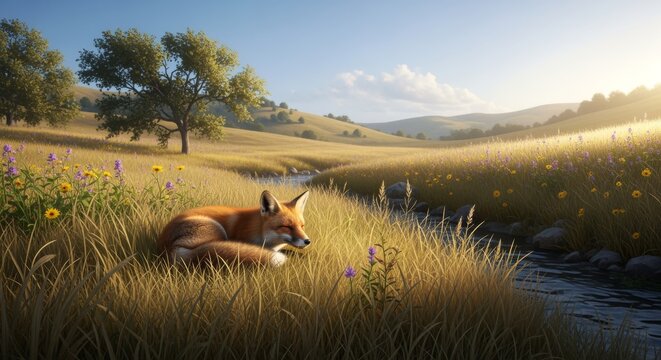 A red fox sleeping peacefully in a golden sunlit meadow by a small stream during sunset - Powered by Adobe