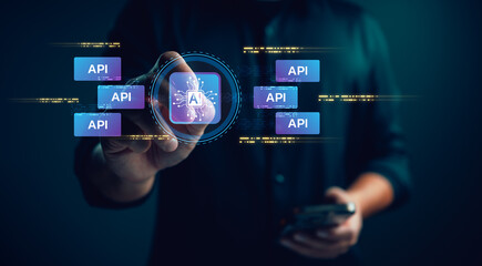 Artificial intelligence integration, AI core connected with multiple API modules, representing software automation, data exchange, system connectivity, scalable architecture, digital transformation.