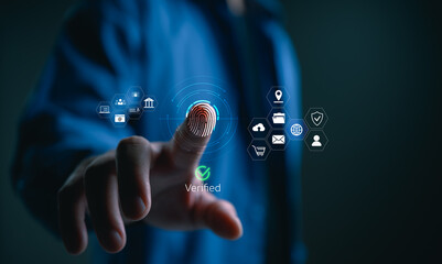 Biometric authentication concept with fingerprint scanning, verified digital, representing secure access, identity verification, data protection, cybersecurity technology, trusted online systems.