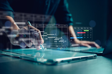Project manager using stylus on tablet with hologram Gantt chart schedule interface. Business planning, timeline management, and digital workflow concept for corporate strategy efficiency.
