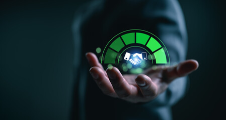 Business partnership trust with handshake icon, performance meter floating above an open hand, representing strong relationships, mutual agreement, reliability, success metrics, corporate confidence.