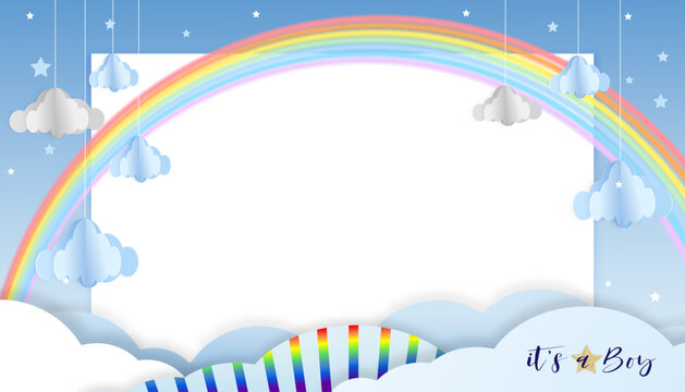 Baby shower background for Kid boy.Cute design rainbow on blue sky,white cloud white for New born greeting card,Backdrop paper art cartoon party banner,Social media template