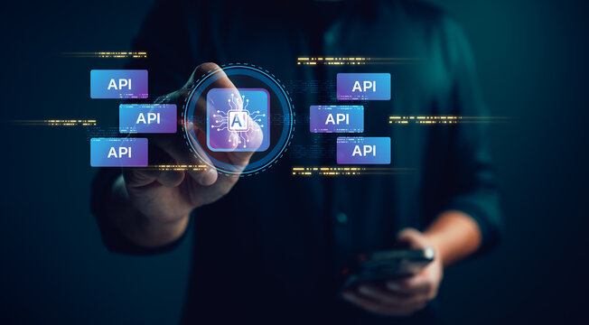 Artificial intelligence integration, AI core connected with multiple API modules, representing software automation, data exchange, system connectivity, scalable architecture, digital transformation. - Powered by Adobe