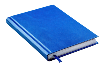 Closed blue notebook planner with a smooth matte cover, crisp edges, subtle spine detail, and minimalist stationery aesthetic isolated on transparent background.
