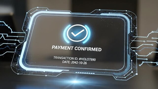Digital Payment Confirmed Holographic Interface with Checkmark and Transaction Details