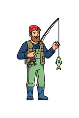 Fisherman with rod and catch, angling hobby, outdoor recreation, or leisure activity