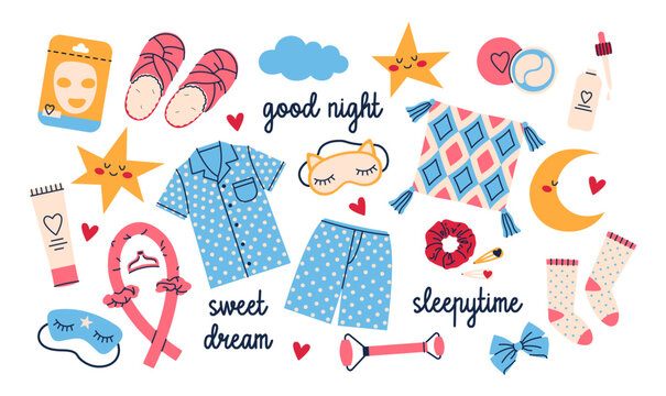 Bedtime elements set. Pajama, socks, pillow, slippers, sleep mask, hair roller, moon and stars. Night routine concept.