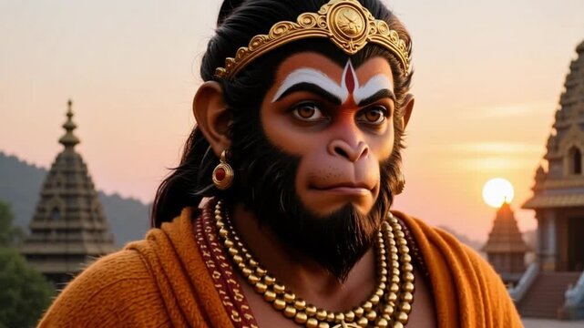 Devotional close up face of Lord Hanuman with filled eyes and strength, isolated against a sunrise temple background, hindu monkey god spiritual slow motion 4K video.