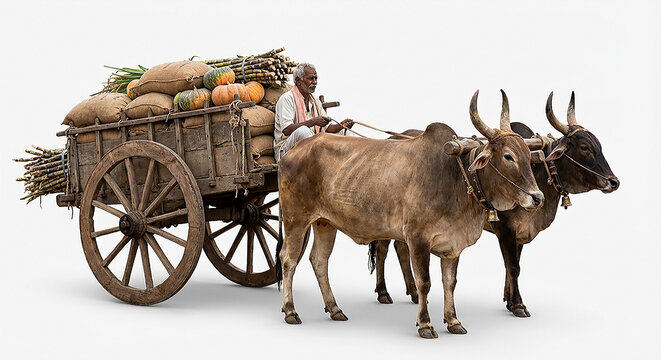 Bullock Cart on white background. Traditional Bullock Cart, farmer transport, crops delivery to market. Classical village icon.

