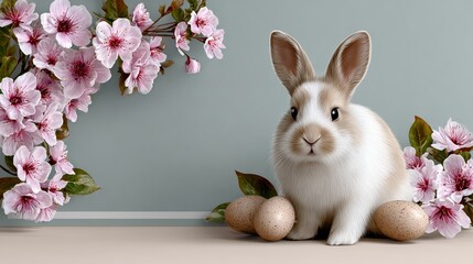 Cute fluffy rabbit sitting beside decorative eggs and blooming cherry blossoms, creating a vibrant spring atmosphere with soft pastel colors and a sense of renewal and joy