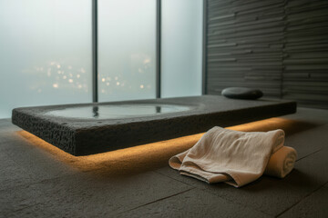 Spa interior with stone bathtub, towels on floor, and large windows with soft lighting