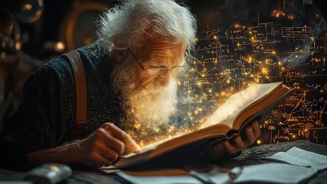 ancient old man reading a book with science formulas concept video