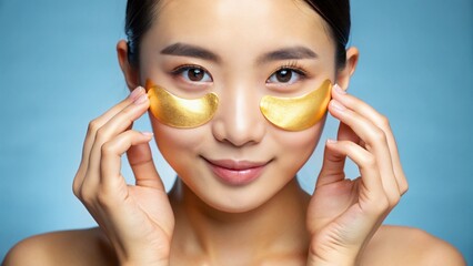 Asian beauty teenager woman care her skin with gold eye masks patches under eyes
