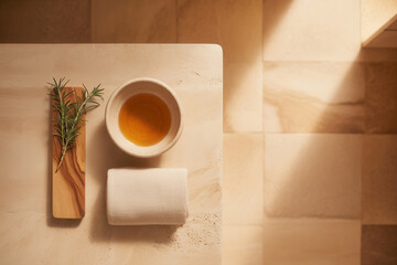 Luxurious spa setting with essential oils, soft towels, and natural elements for relaxation