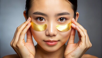 Asian beauty teenager woman care her skin with gold eye masks patches under eyes
