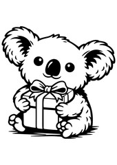 Fototapeta premium Cute koala holding gift with bow vector line art, black and white illustration for engrave and celebrations.