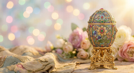 Luxury jeweled egg on golden stand with floral background and bokeh lights, Easter gift or antique jewelry