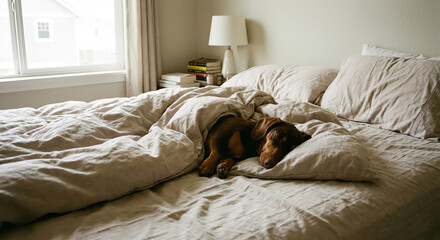 Cute dachshund dog sleeping under beige duvet in cozy bright bedroom, pet care or home lifestyle marketing