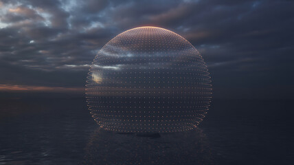 Abstract Digital Wireframe Globe Floating Over a Calm Ocean Surface During Sunset Symbolizing Global Connection