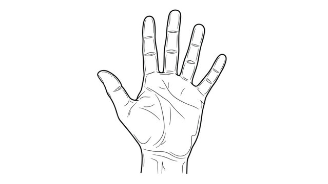 Detailed line drawing of a human palm showing fingers and major lines used for palmistry and hand anatomy studies.