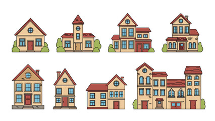 Fototapeta premium Architectural collection of various residential house and building designs featuring different styles and sizes.