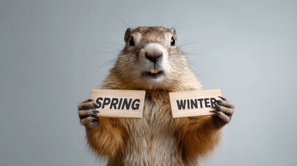Groundhog holding wooden signs labeled spring and winter, showcasing seasonal transition, with a neutral background emphasizing the animal's expression and playful nature in a whimsical setting