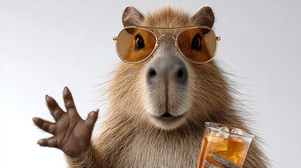 Capybara wearing stylish sunglasses, holding a glass of beverage, poses playfully against a soft gradient background, showcasing a fun and relaxed atmosphere perfect for creative projects