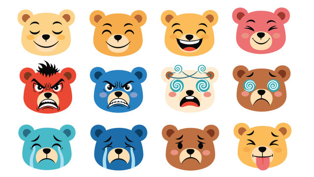 Colorful bear emoji faces showing a range of emotions like happy and sad for digital communication and reactions.