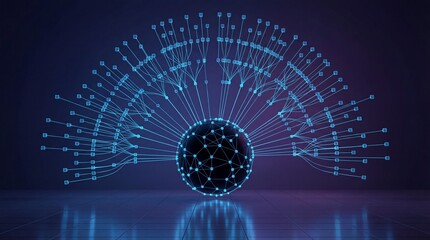 Abstract futuristic digital network illustration with glowing blue lines and data points radiating from a central sphere on a dark reflective surface