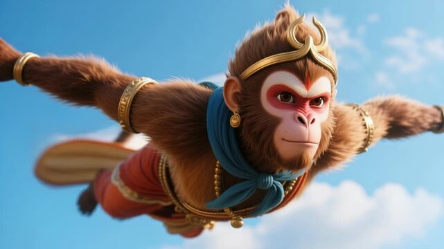 Heroic close up face of Lord Hanuman flying with faith and devotion, isolated against an open sky background, hindu mythology superhero slow motion 4K video footage.