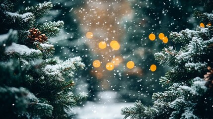 Enchanting Winter Wonderland with Snow-Covered Evergreen Trees and Festive Holiday Lights in Evening