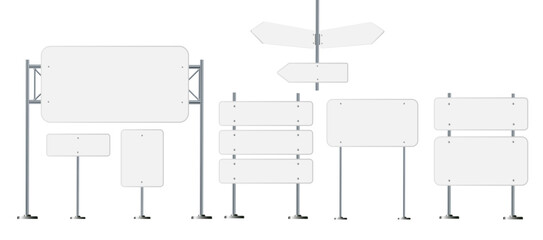 Road, traffic signs. Highway signboard on metal pole. Blank white board with place for text. Directional signage and wayfinder. information sign vector mockup.