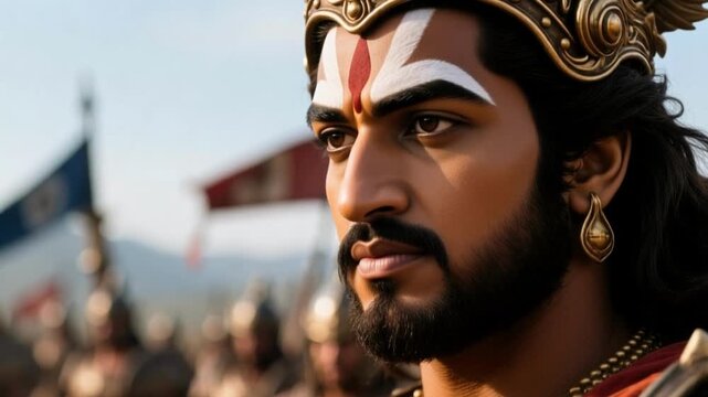 Warrior close up face of Lord Ram with calm courage, isolated against a battlefield background, hindu epic hero spiritual strength slow motion 4K video footage.