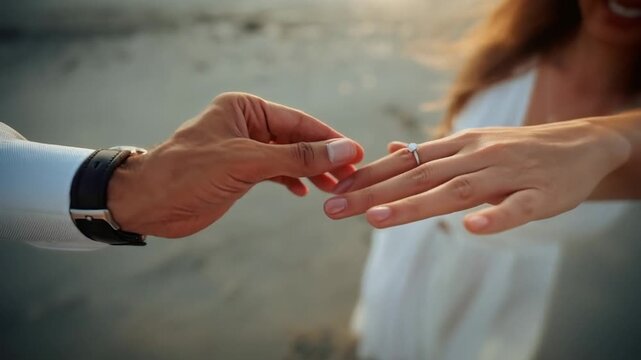 Close-up of a man proposing to a woman on a beach at sunset, placing an engagement ring on her finger