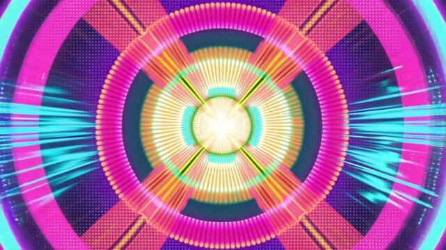 Futuristic retro pop art energy portal animation, rotating comic sunburst rays, glowing halftone rings, neon yellow pink cyan colors, superhero comic dynamic radial motion, central reveal space