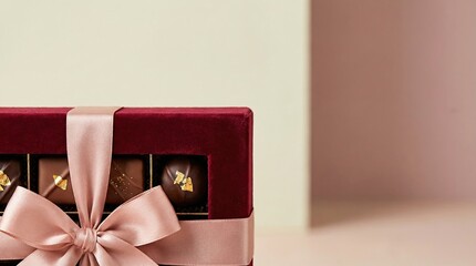 Valentine minimal premium background with copy space Elegant Chocolate Box with Ribbon on Simple Pastel Background Valentine elegant commercial design for branding