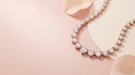 Valentine minimal premium background with copy space Elegant Rose Gold Necklace with Heart-Shaped Diamonds on Pink Background Valentine elegant commercial design for branding