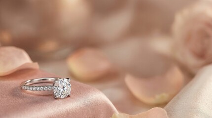 Valentine minimal premium background with copy space Elegant Diamond Engagement Ring on Soft Fabric with Flower Petals Valentine elegant commercial design for branding