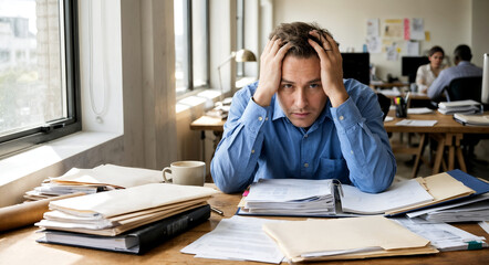 Young man overwhelmed with paperwork while sitting at desk in classroom or office, representing workload pressure, burnout, academic stress, business exhaustion, deadline anxiety, productivity challen