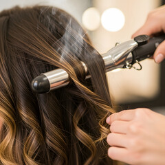 Fototapeta premium Woman curling hair with curling iron in salon
