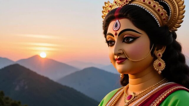 Cinematic close up face of Hindu Goddess Durga Maa displaying motherly compassion and grace, isolated against a sunrise mountain background, spiritual slow motion 4K video.