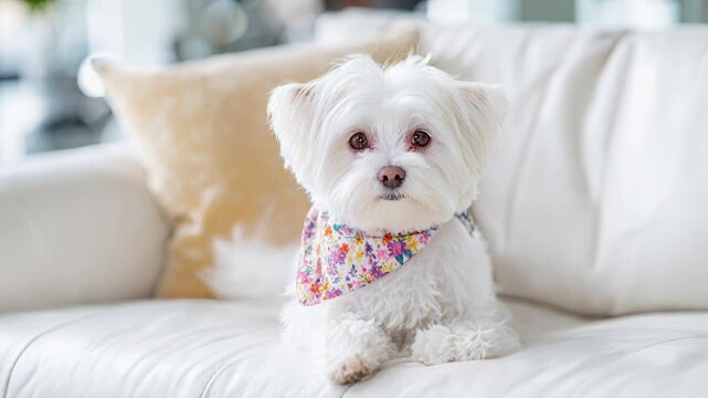 Cute white maltese puppy with a colorful floral bandana sitting on a comfortable leather couch and looking at the camera. The small, fluffy purebred pet is relaxing indoors in a modern living room