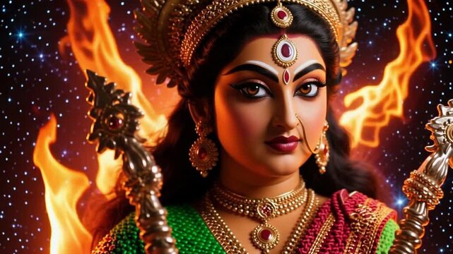 Intense close up face of Goddess Durga with a powerful gaze and divine energy, isolated against a fiery cosmic background, mythological slow motion 4K video footage.