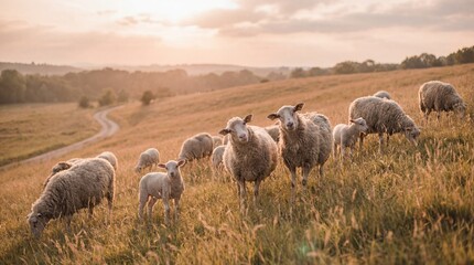 A flock of sheep grazes in a golden field during sunset. The landscape features rolling hills and a winding dirt road in the background.